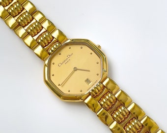 Reloj de cuarzo unisex Christian Dior vintage chapado en oro con esfera octogonal