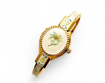 希少 入手困難 電池新品 Andre Mouche バングルウォッチ フラワー Vintage André Mouche Quartz Watch With Enamel Floral Design