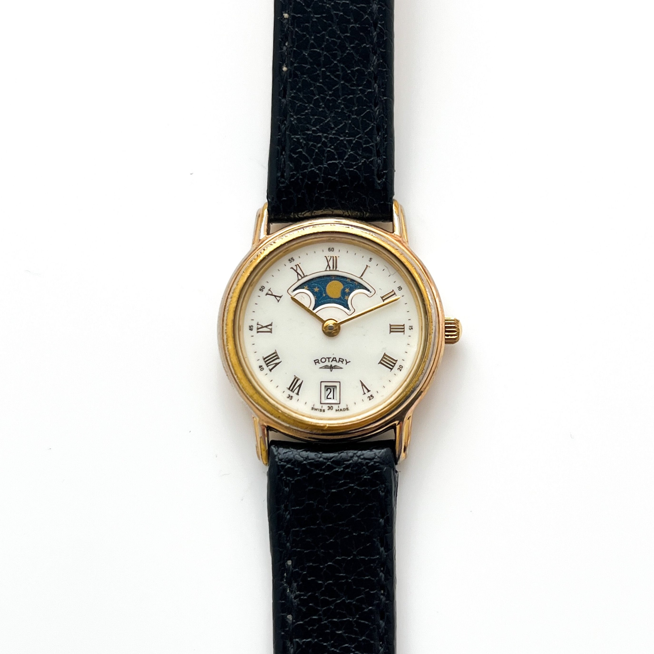 Ladies 90s Moon Phase Rotary Quartz Watch With Black Leather Strap Etsy UK