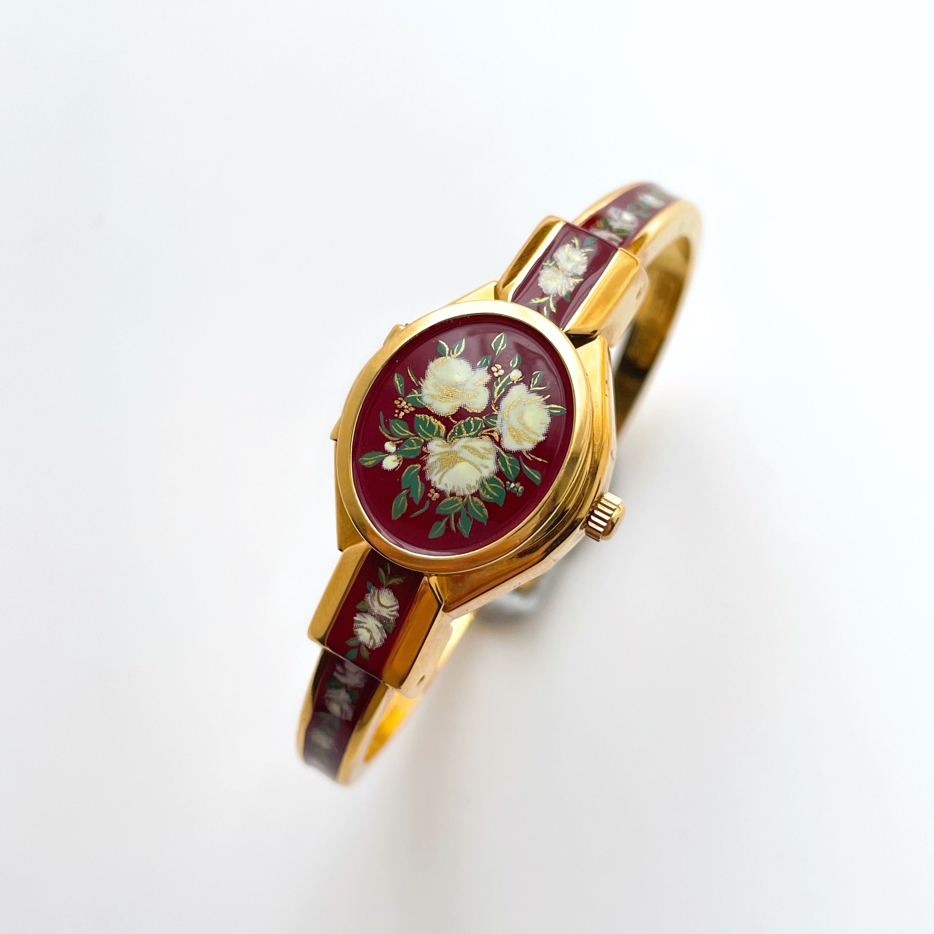 Vintage André Mouche Quartz Watch With Burgundy Enamel Floral