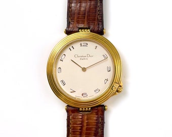 Vintage Christian Dior Gold-Plated Unisex Quartz Watch with Brown Leather Strap
