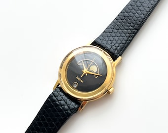 Vintage Ladies' Accurist Moon Phase Quartz Watch with Black Leather Strap