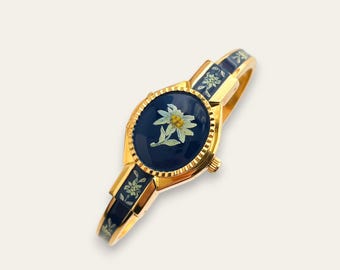 Vintage André Mouche Peek-a-Boo Quartz Watch - Green & Navy Floral