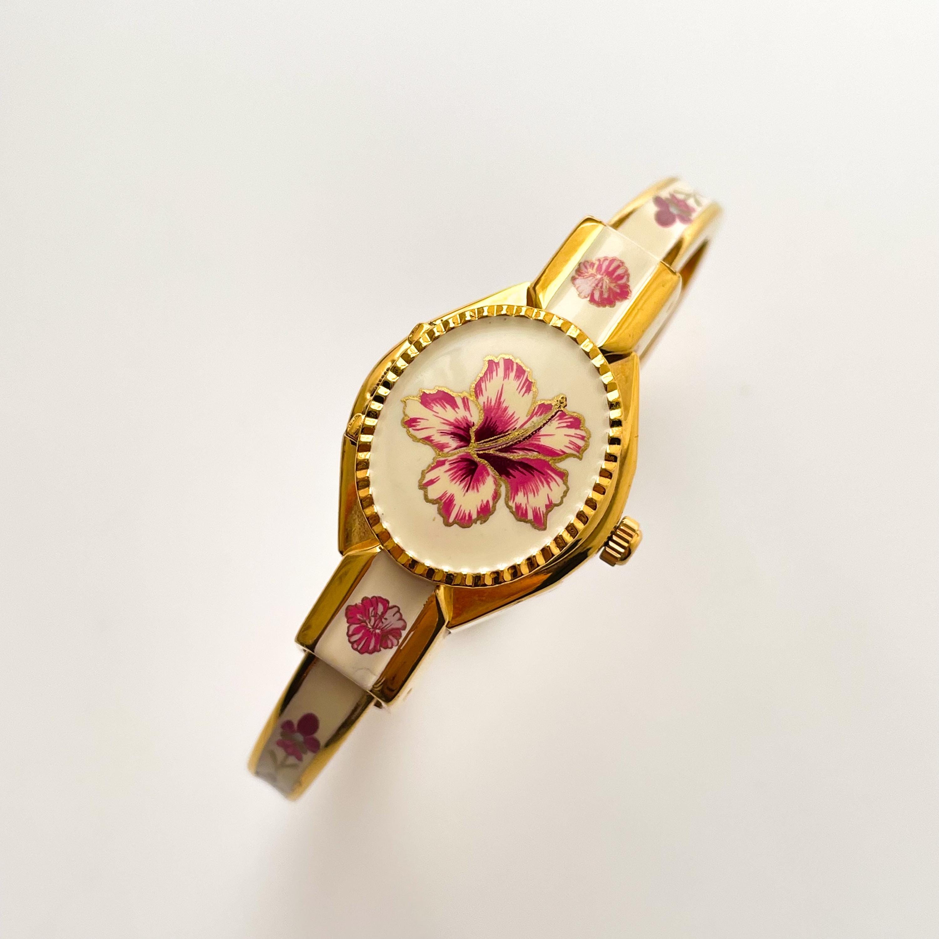 Vintage André Mouche Quartz Watch With Pink Enamel Floral Vintage André Mouche Quartz Watch With Pink Enamel Floral