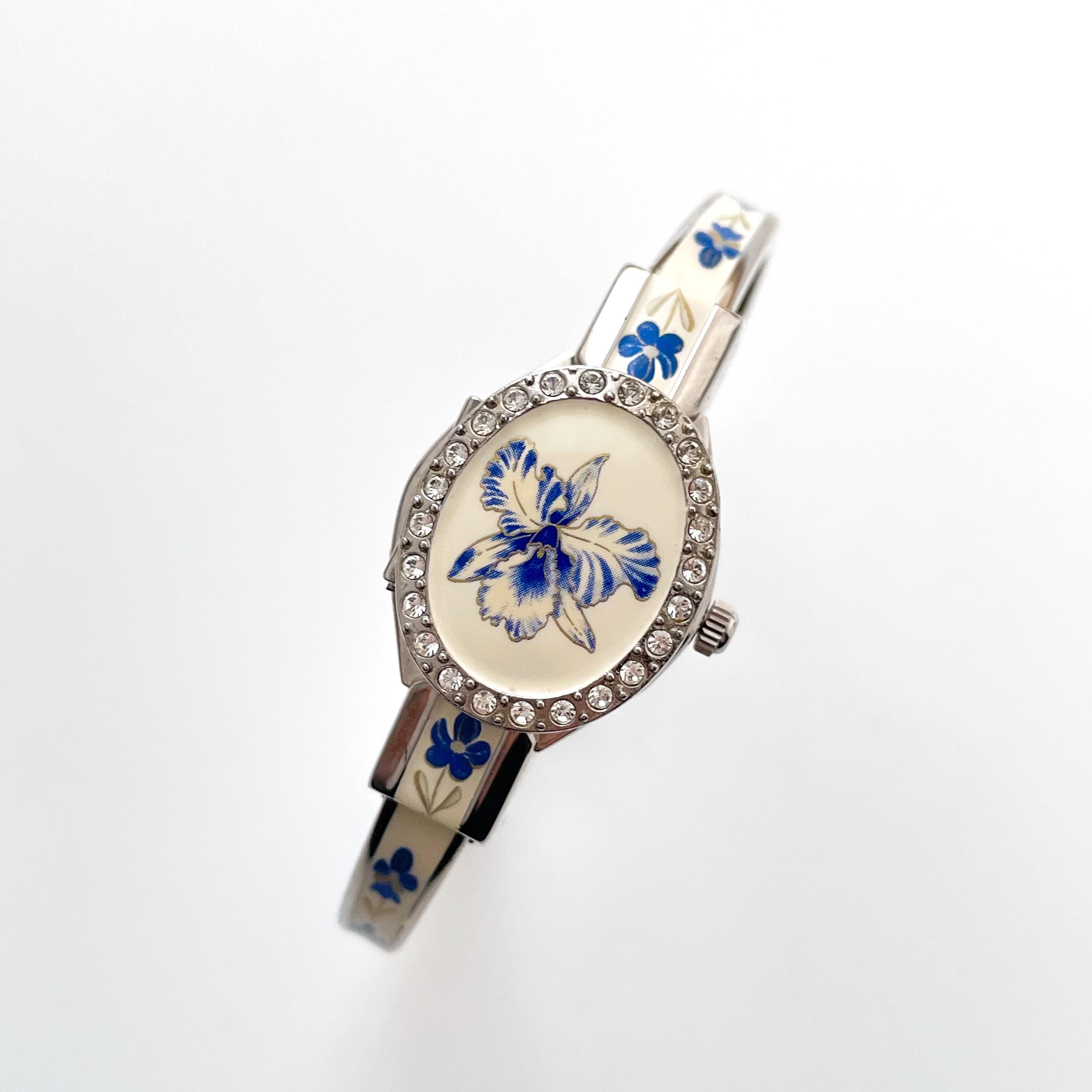 Vintage André Mouche Quartz Watch With Blue Enamel Floral