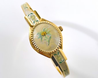 Vintage André Mouche Quartz Watch with Enamel Floral Design, Concealead Dial and Gold-Plated Bangle Bracelet