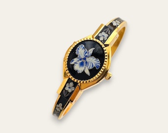 Vintage André Mouche Quartz Peek-a-Boo Watch - Black & Blue Floral Design
