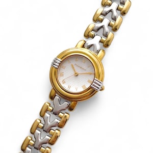 Vintage 1990s Yves Saint Laurent Ladies&#39; Quartz Watch with Two-Tone Bracelet and Textured Dial