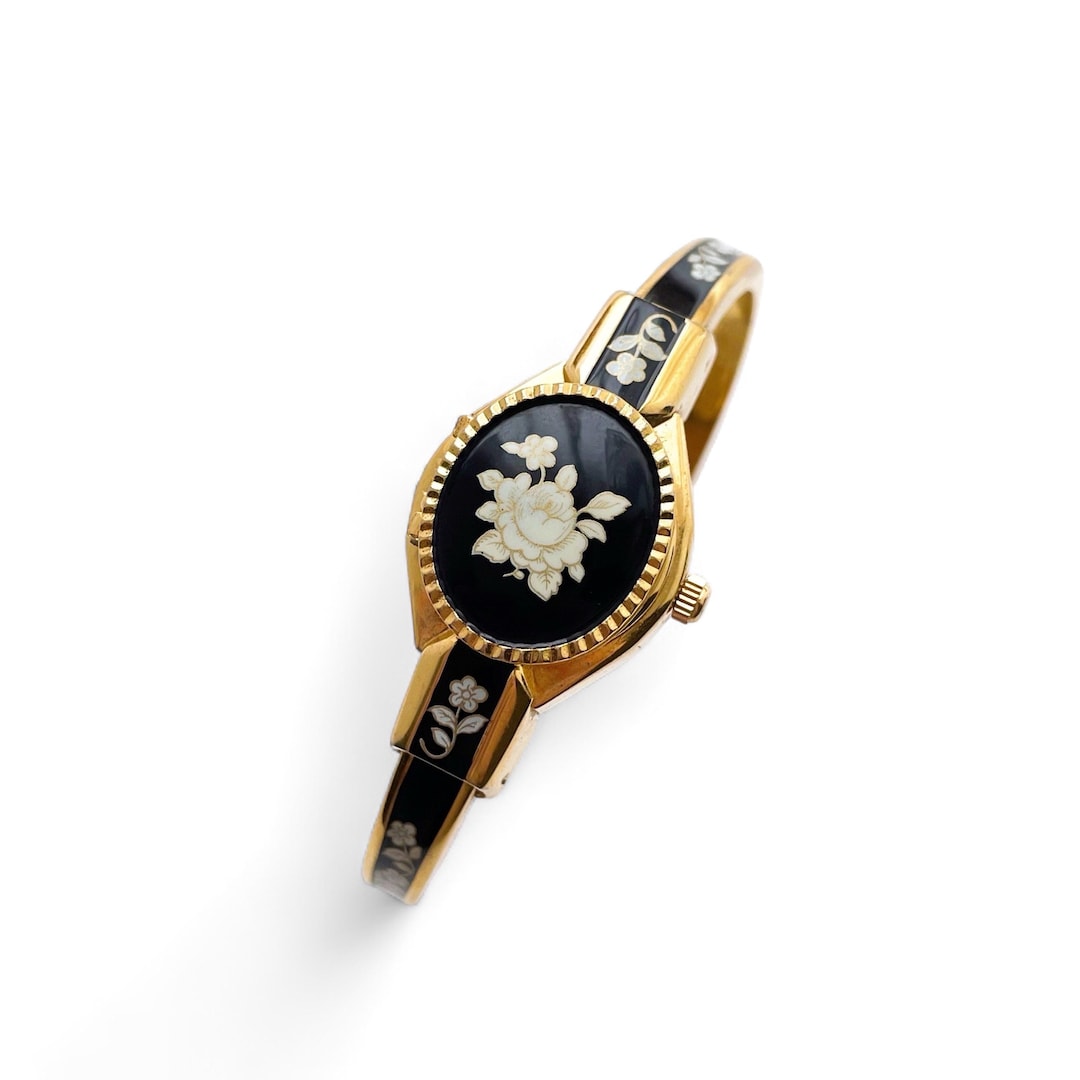 ANDRE MOUCHE 花柄ダイヤル レディース時計 Vintage André Mouche Quartz Watch With Black Enamel Floral