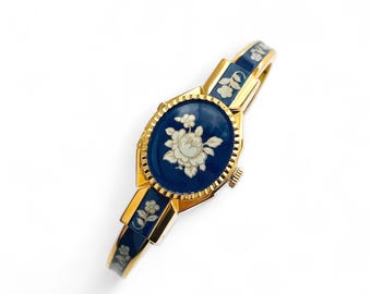 André Mouche ネイビー 花柄 時計 Vintage André Mouche Quartz Watch With Navy Enamel Floral