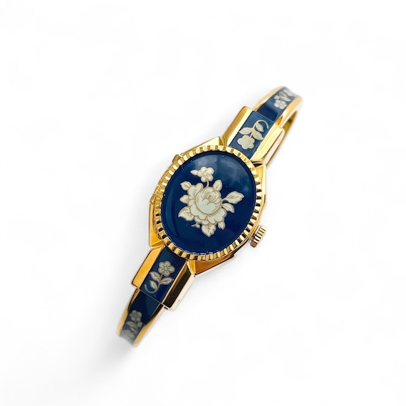 T*J様 ANDRE MOUCHE ゴールド 時計 Vintage André Mouche Quartz Watch With Navy Enamel Floral