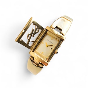 Vintage 1990s 40th Anniversary Gold-Plated Yves Saint Laurent Ladies&#39; Quartz Bangle Watch with Hidden Dial