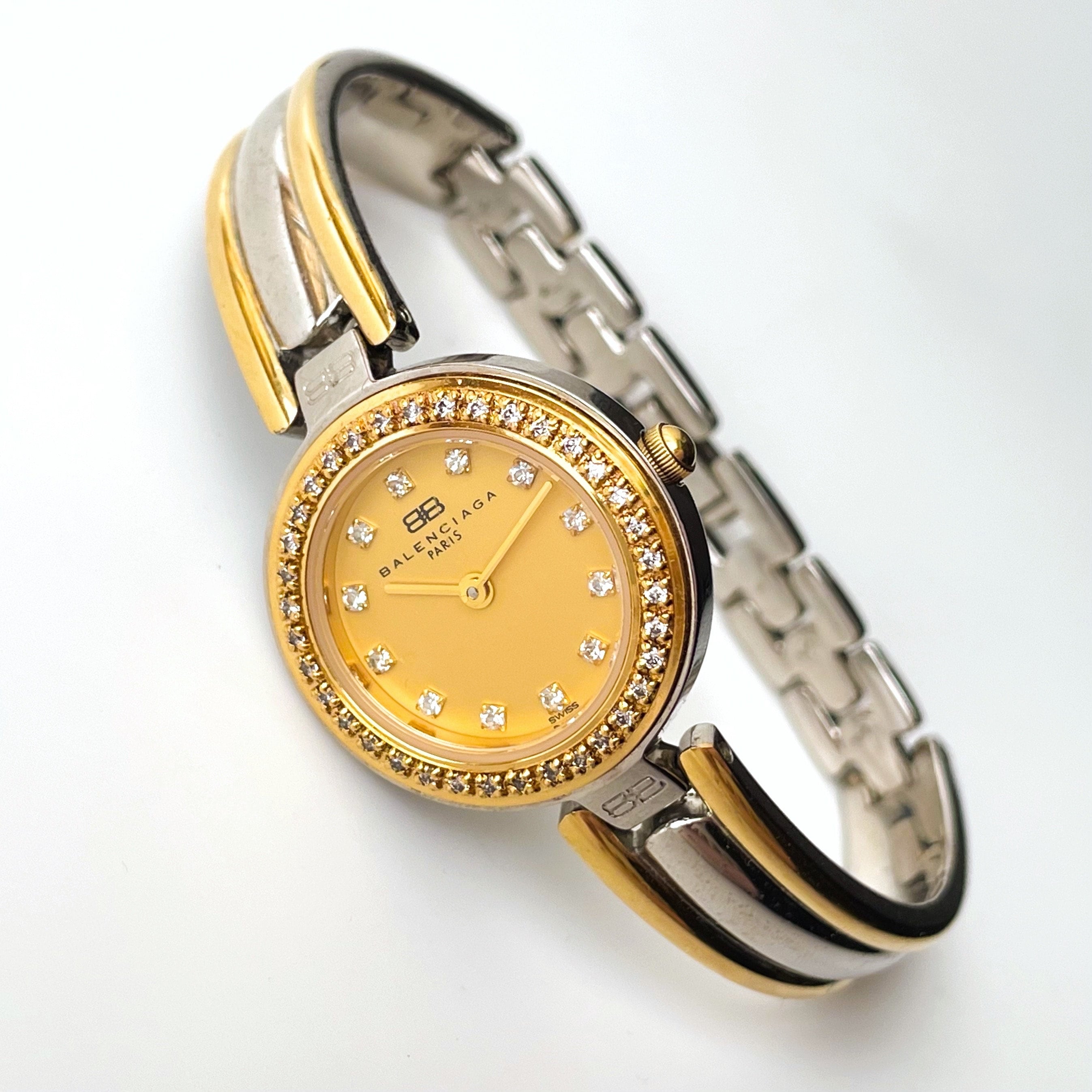 Vintage 1990s Two tone Ladies Balenciaga Bangle Quartz Watch With Diamond set Gold tone Dial Etsy