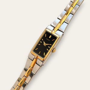 1990s Two-Tone Ladies' Seiko Quartz Watch - Black Rectangular Dial