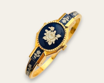 Vintage André Mouche Peek-a-Boo Quartz Watch - Navy Floral Design