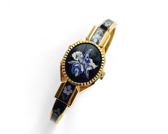 売れ筋がひ贈り物！ Vintage André Mouche Quartz Watch With Navy Enamel Floral 時計