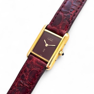 Vintage Ladies' Must de Cartier Tank Vermeil With Burgundy Dial and Leather Strap - Quartz Movement