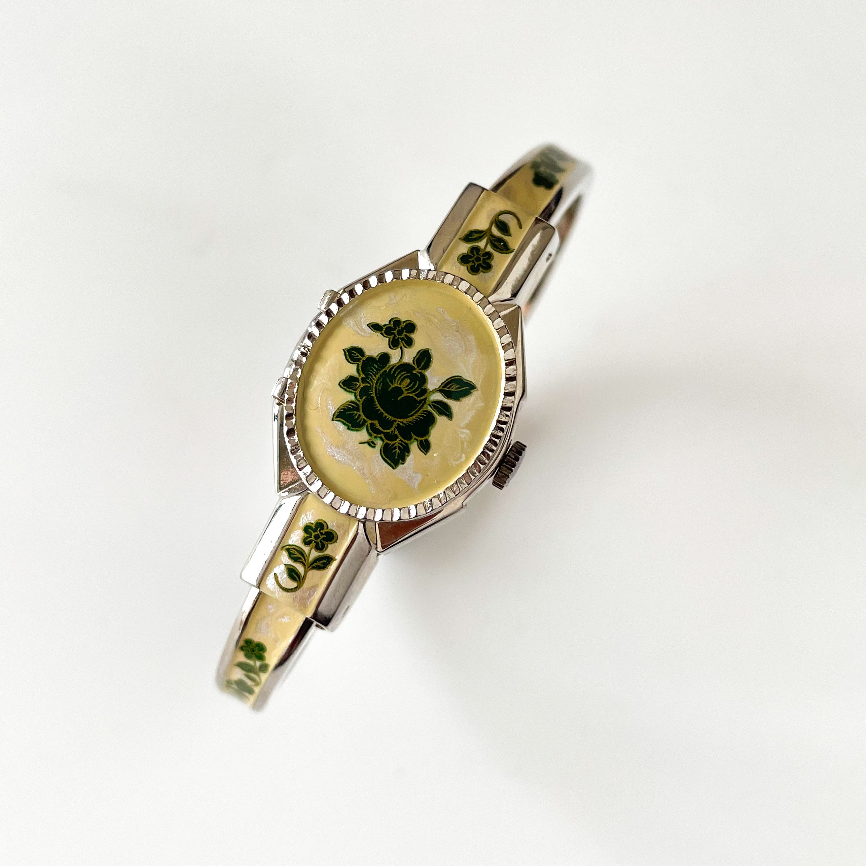 Vintage André Mouche Quartz Watch With Pink Enamel Floral Vintage André Mouche Quartz Watch With Pink Enamel Floral