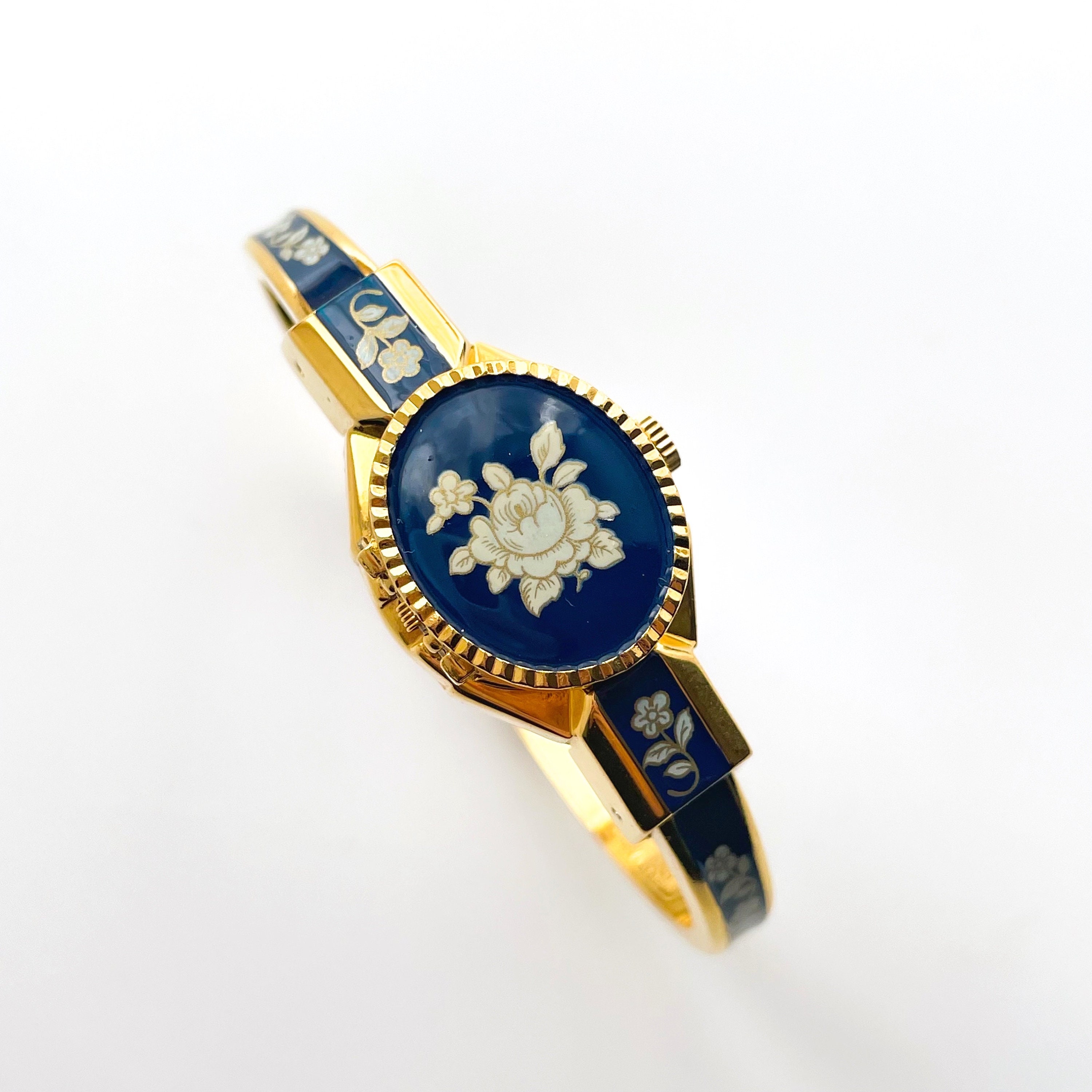 Vintage André Mouche Quartz Watch With Navy Enamel Floral