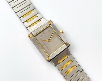 Vintage 90s Yves Saint Laurent Ladies' Tank-Style Quartz Watch with Two-Tone Bracelet