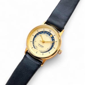 Vintage 90s Ladies&#39; Imado Sun & Moon Phase Quartz Watch with Black Leather Strap