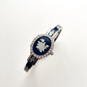 Vintage André Mouche Quartz Watch with Navy Enamel Floral