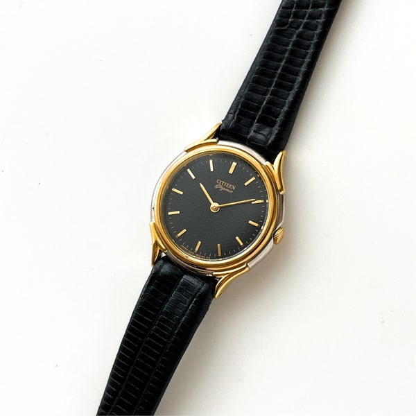 Montre à quartz Citizen Elegance pour femme vintage plaquée or avec bracelet en cuir noir