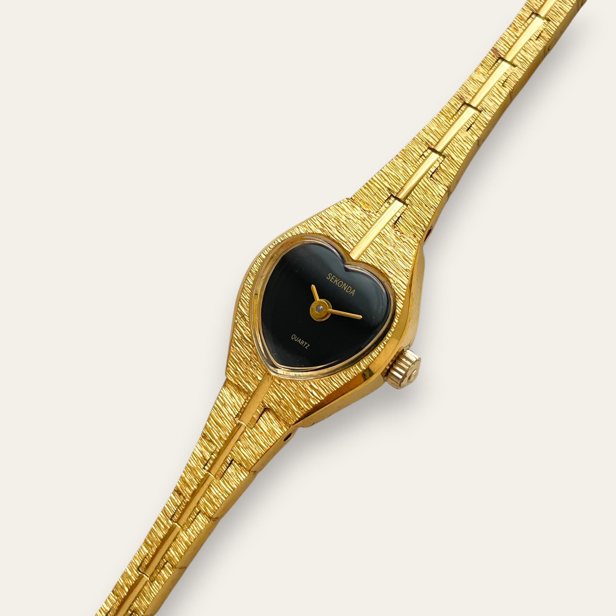 Heart-Shaped Vintage Gold-Tone Women\'s Watch with Black Cord Strap ? SARA GOLD HEART VINTAGE QUARTZ WATCH $ 195 USD included  main image 3