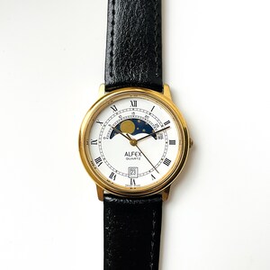 Vintage Unisex Alfex Moon Phase Quartz Watch With Black