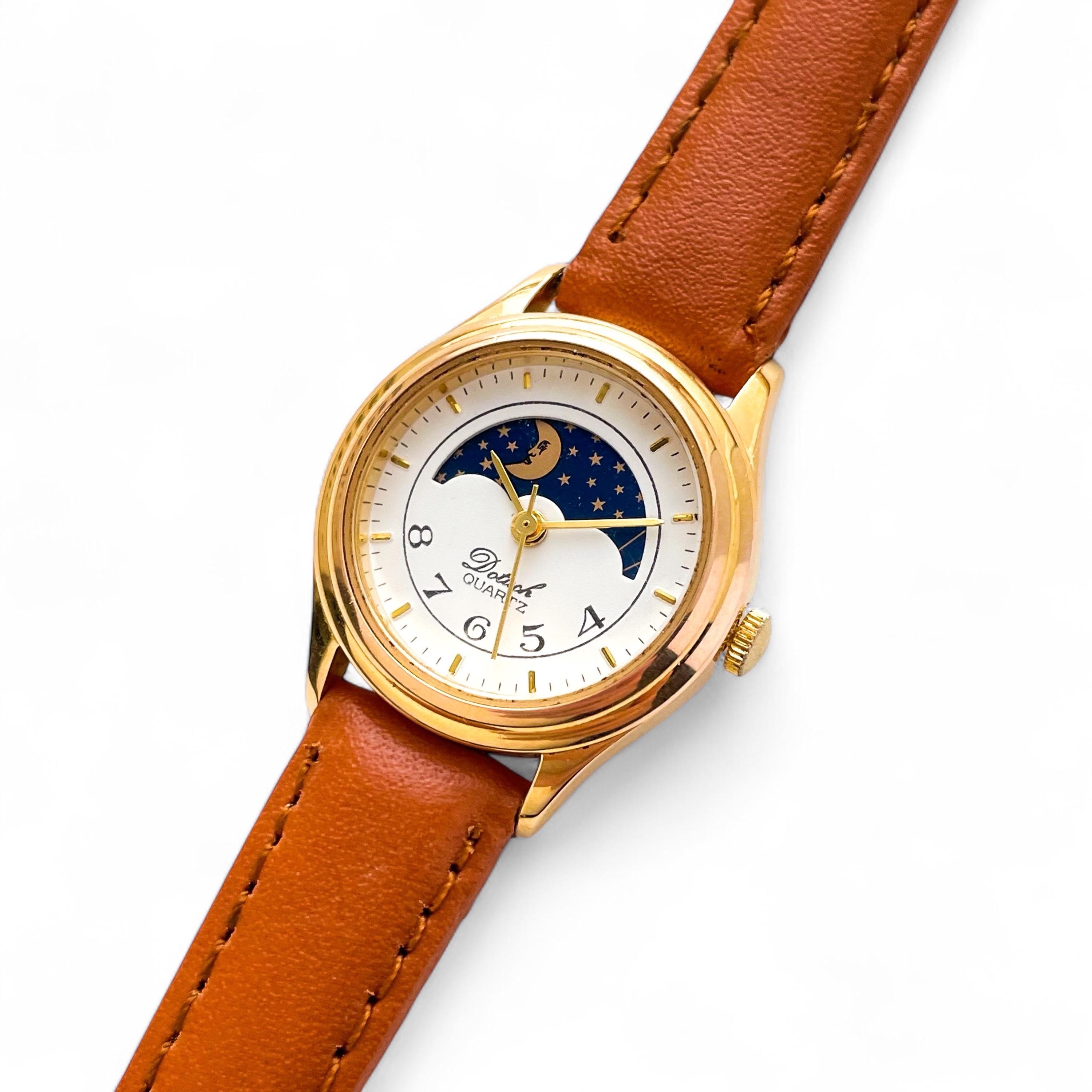 Vintage Damen Quarz Uhr mit winzigem Ziffernblatt und braunem