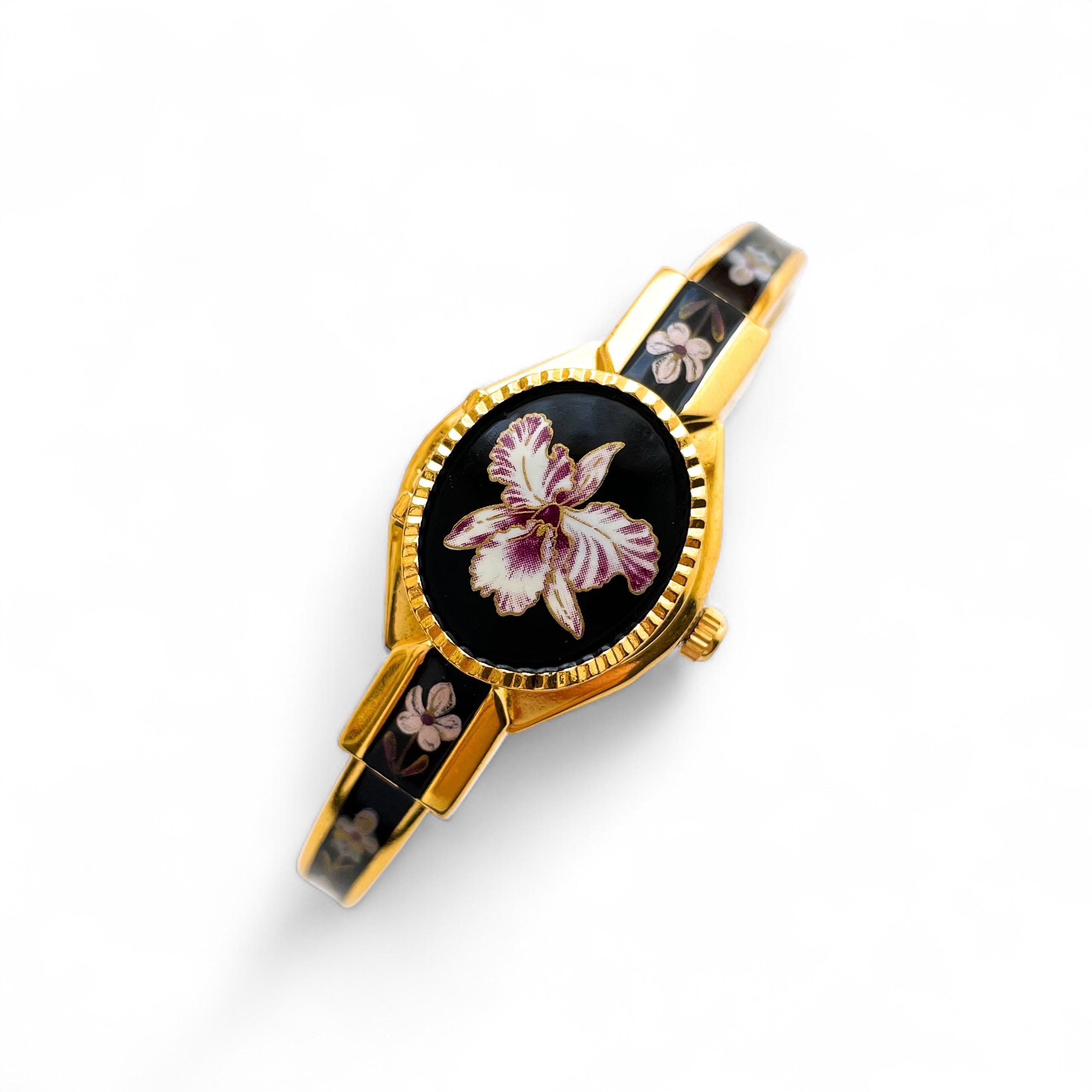 超美品 Andre Mouche 花柄ダイヤル 時計 Andre Mouche Bracelet Watch Floral Enamel Stone From Japan