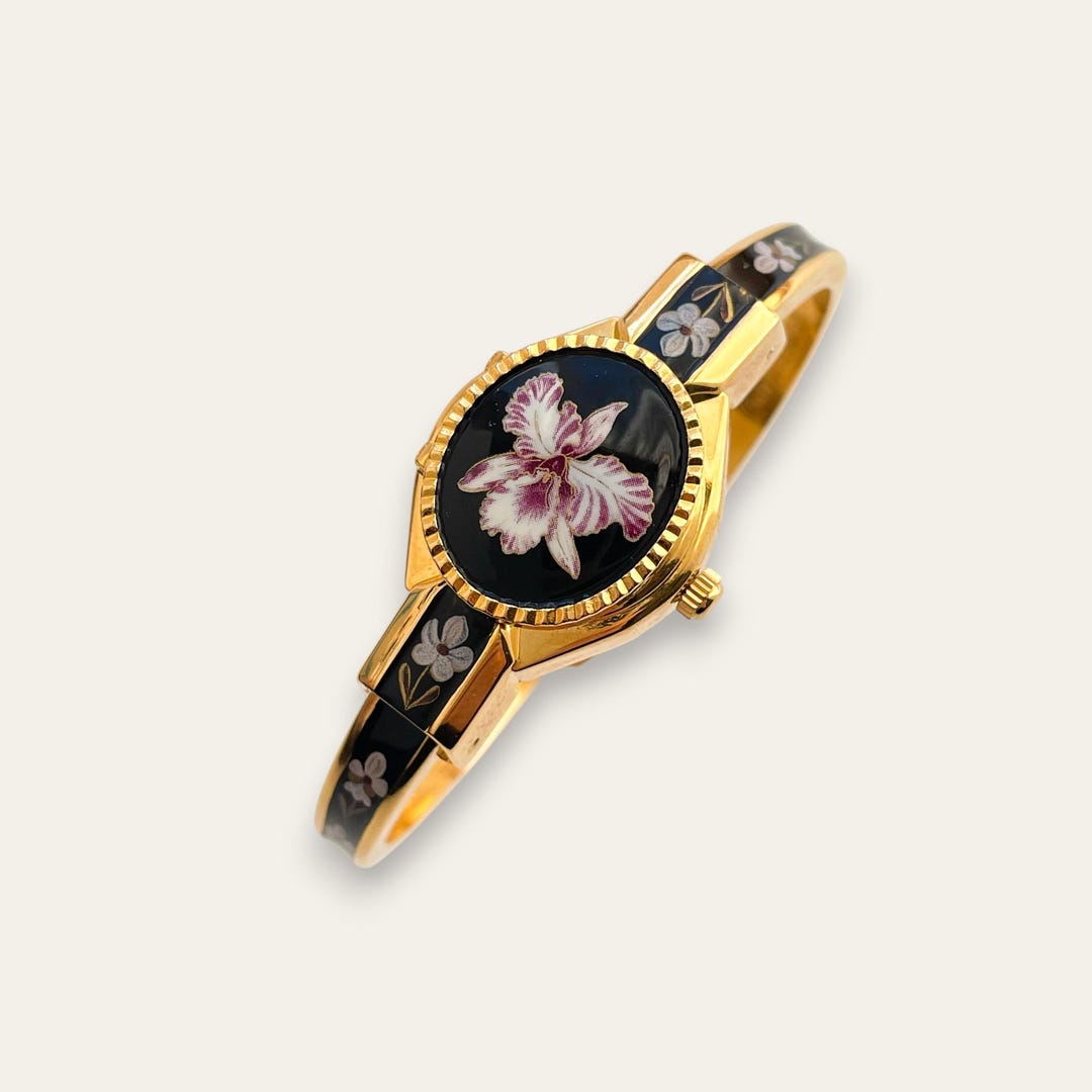 Boo Watch Vintage André Mouche Peek-a-boo Quartz Watch - Black and Purple Floral ...