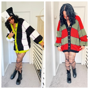 Handmade patchwork crochet cardigan, oversized horror themed sweater