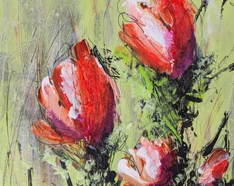 Pintura acrílica floral vermelha, arte botânica abstrata, com passe-partout 8x10