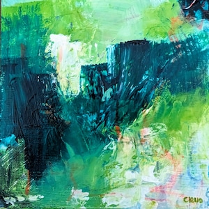 Mesmerizing and Serene Green Abstract Landscape Painting on 8x8 inch cradled canvas panel varnished colorful by Chris Loud Art 2023