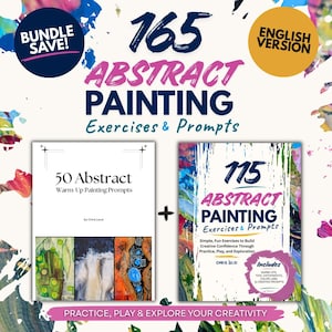 May include: A bundle of two books titled 50 Abstract Warm Up Painting Prompts and 115 Abstract Painting Exercises & Prompts by Chris Loud. The cover art features colorful abstract paint splatters, text, and a plus sign on a white background.
