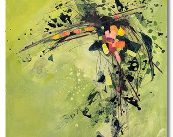 Impressão artística abstrata floral "Tumble in the Rough" 8x8 em técnica mista, arte de parede moderna.