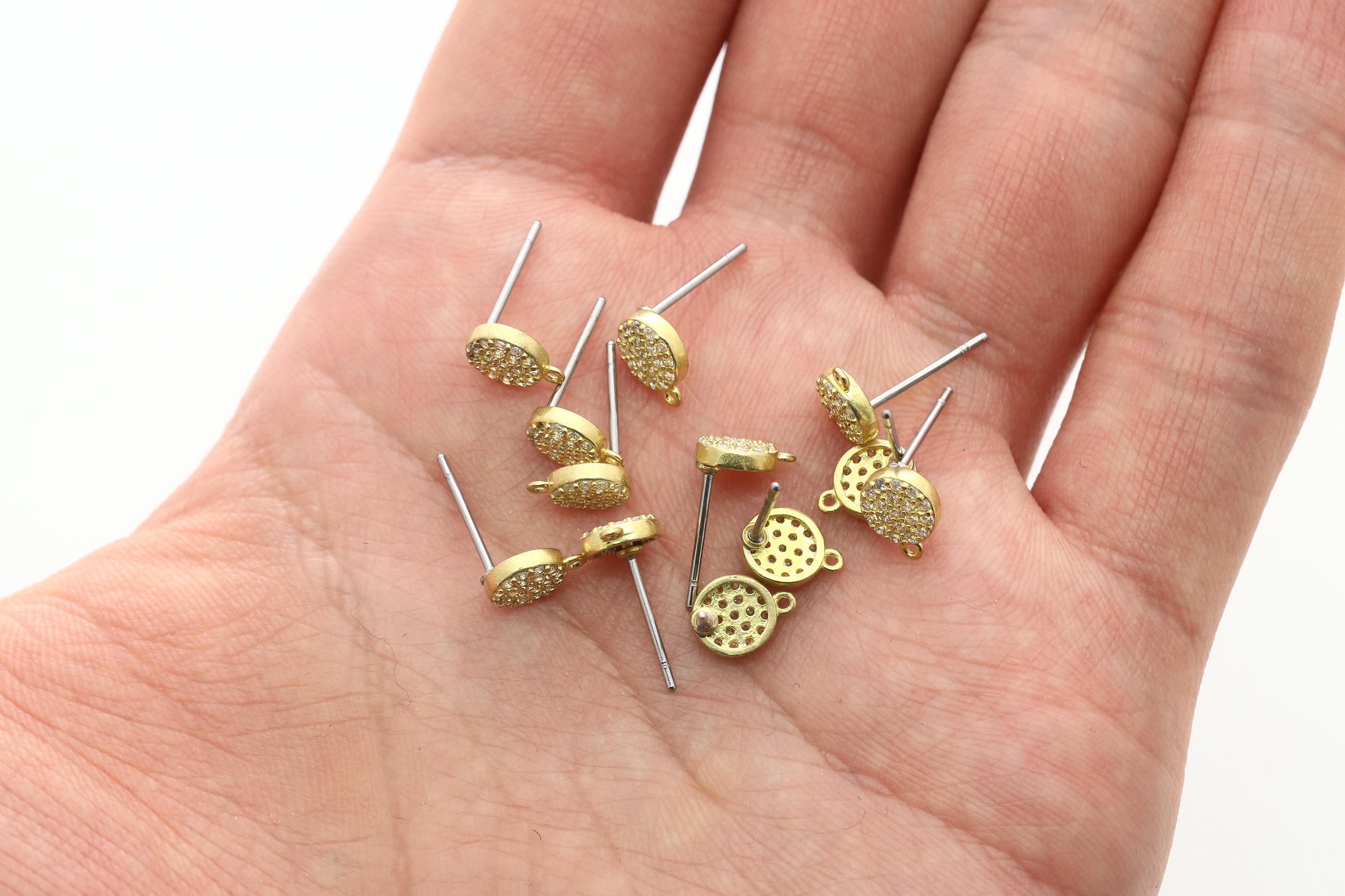 RAW BRASS, Round cubic stud earring post w/ a loop, Brass, Cubic