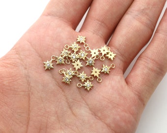 RAW BRASS, Tiny star cubic charms, Open link (horizontal), Brass, Cubic zircnoia, Jewelry making supplies, 5 pcs, [RN31-G10]