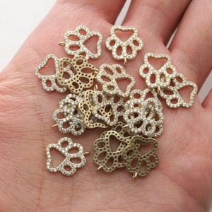 RAW BRASS, Puppy&#39;s paw charm, Brass, Cubic zirconia, Jewelry making supplies, Animal pendant, Unique pendant, 5 pcs, [RB23-R8]