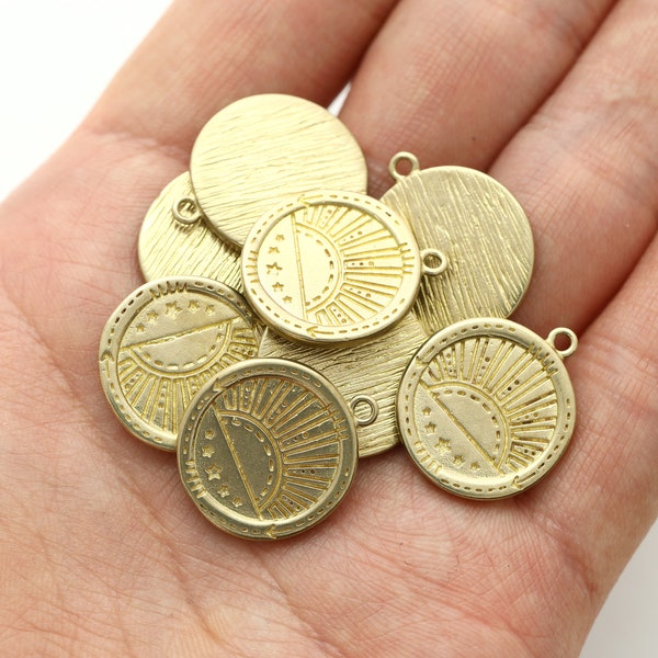 RAW BRASS, Sunrise pendant, Brass, Jewelry making supplies, Round charm, Coin pendant, 5 pcs, [RQ16-G9]