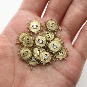 RAW BRASS, Evil eye sun rise charm, Brass, Cubic zirconia, Jewelry making supplies, 5 pcs, [RP7-R9]