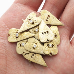RAW BRASS, Heart CZ evil eye charm, Brass, Cubic zircnoia, Jewelry making supplies, 5 pcs, [RS35-G8]