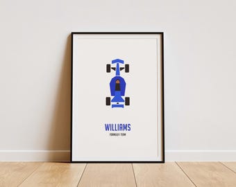 May include: A framed print featuring a top-down view of a blue Formula 1 race car. The word "WILLIAMS" is printed below the car in blue, with "FORMULA 1 TEAM" underneath. The print is in a black frame and set against a white background.