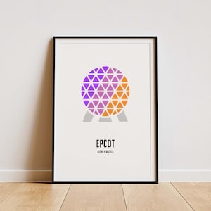 Peut inclure: Impression encadrée avec un design géométrique de la sphère Epcot en violet et orange. Le texte "EPCOT DISNEY WORLD" est en dessous. L'impression est dans un cadre noir. Style minimaliste.