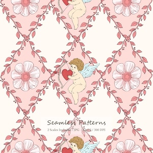 Könnte beinhalten: Nahtloses Muster mit sich wiederholenden Darstellungen von Engeln, die Herzen und Bögen halten, umgeben von rosa Blumen und Blättern auf hellrosa Hintergrund. Der Text "Seamless Patterns" ist enthalten.