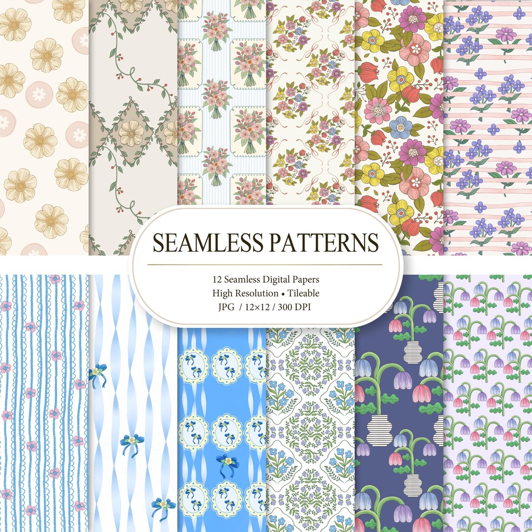 Vintage Floral Seamless Digital Paper | Botanical Pattern Set | 12 JPG ...