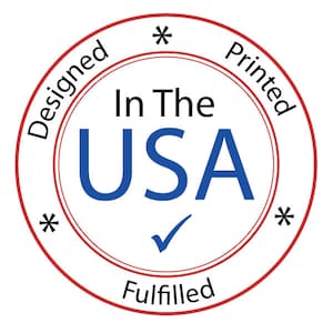 May include: Red circle stamp with white text that reads "Designed, Printed, Fulfilled" in a clockwise direction. The centre of the stamp has a blue tick and the text "In The USA" in black.