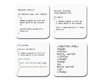 Programming Coaster Set - Hello World Coasters in Different Programming Languages - Software Coder Developer Gift