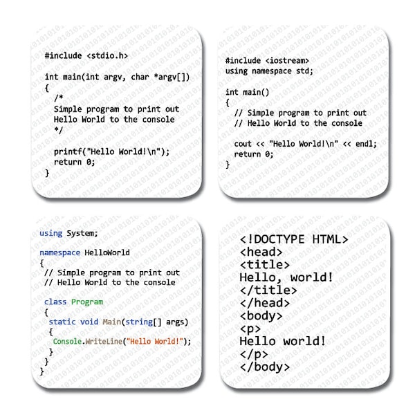 Programming Coaster Set - Hello World Coasters in Different Programming Languages - Software Coder Developer Gift